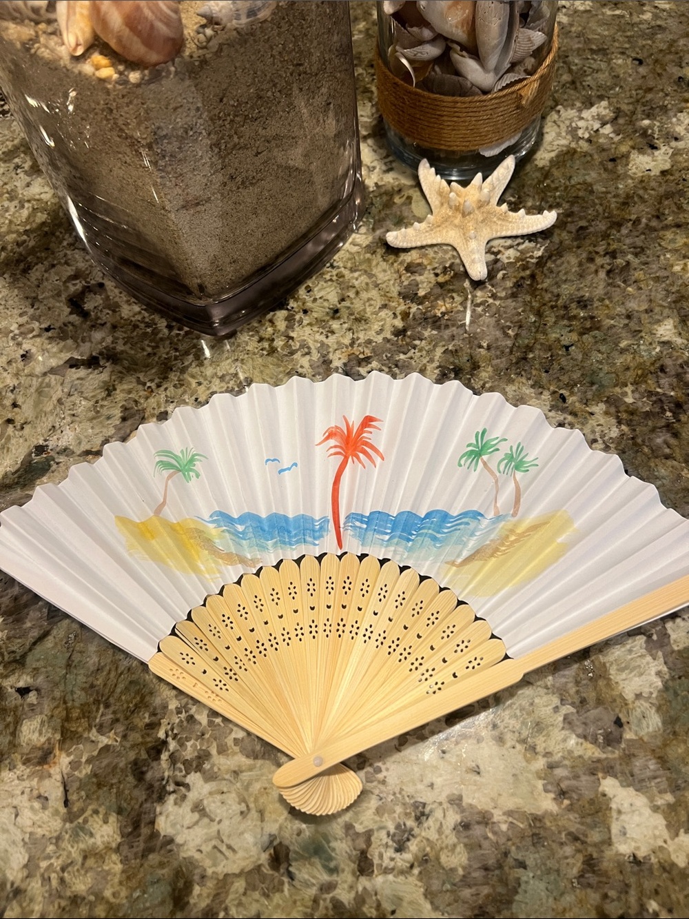 Hand Painted Handheld Folding Beach Fan with Tropical Print - White